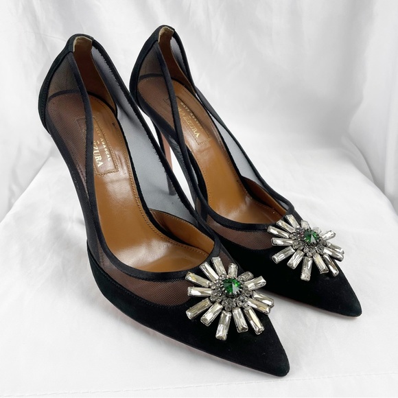 Aquazzura x Naty Abascal Kimiyah Suede Leather Crystal Heels Black EU 39 - Picture 2 of 12